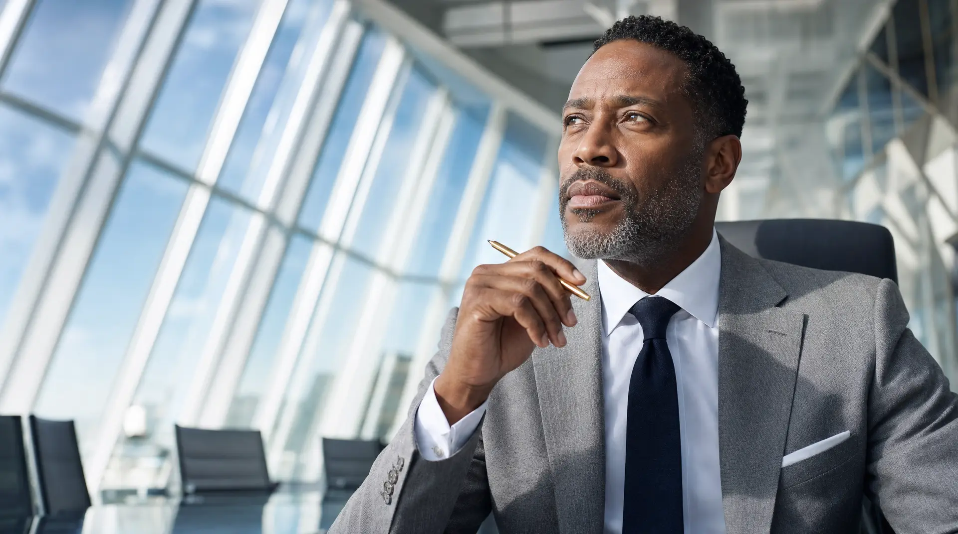 Business executive in a modern office holding a pen thoughtfully, focused on roi of it investments.