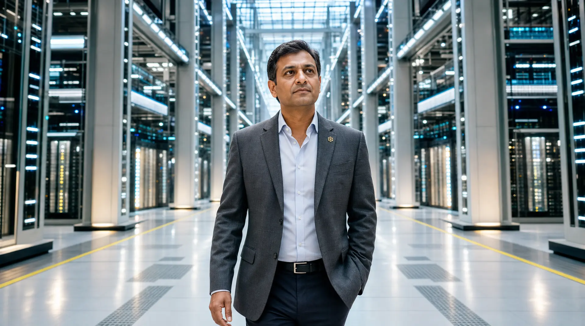 Business leader walks through a bright server-room corridor, reflecting cloud msp readiness and it modernization planning.
