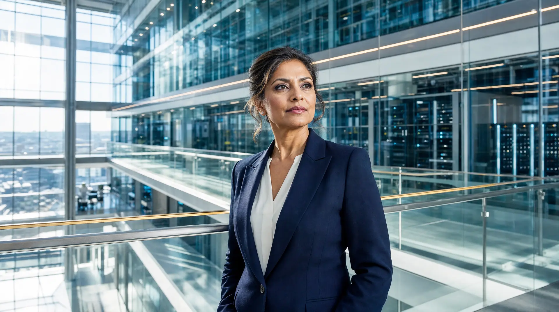 Executive in a navy blazer stands in a modern glass-and-steel office, reflecting on a technology investment roadmap for smarter decisions.