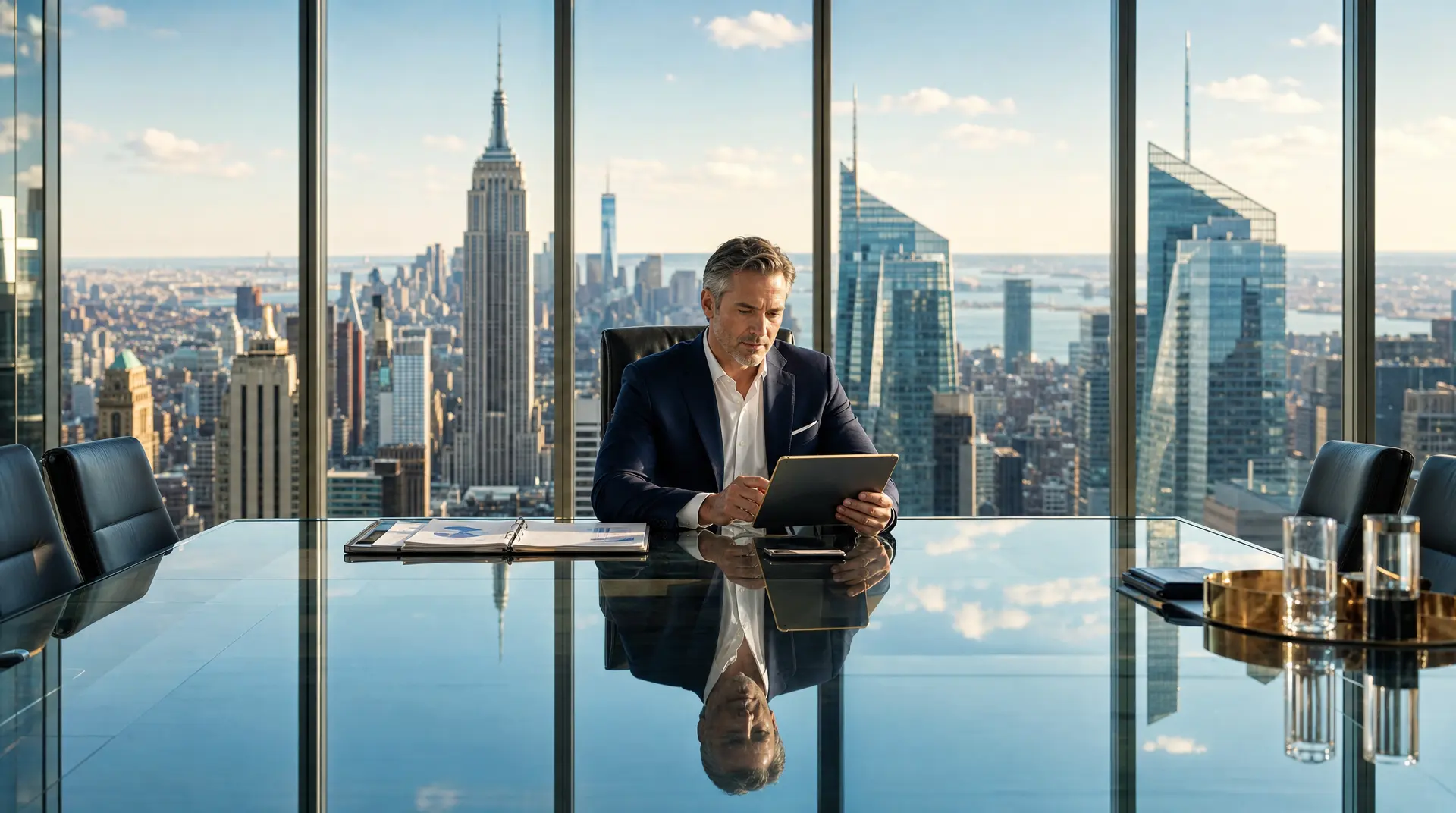 Senior executive in a glass boardroom reviews a tablet and documents with the city skyline beyond, focused on digital transformation consulting.