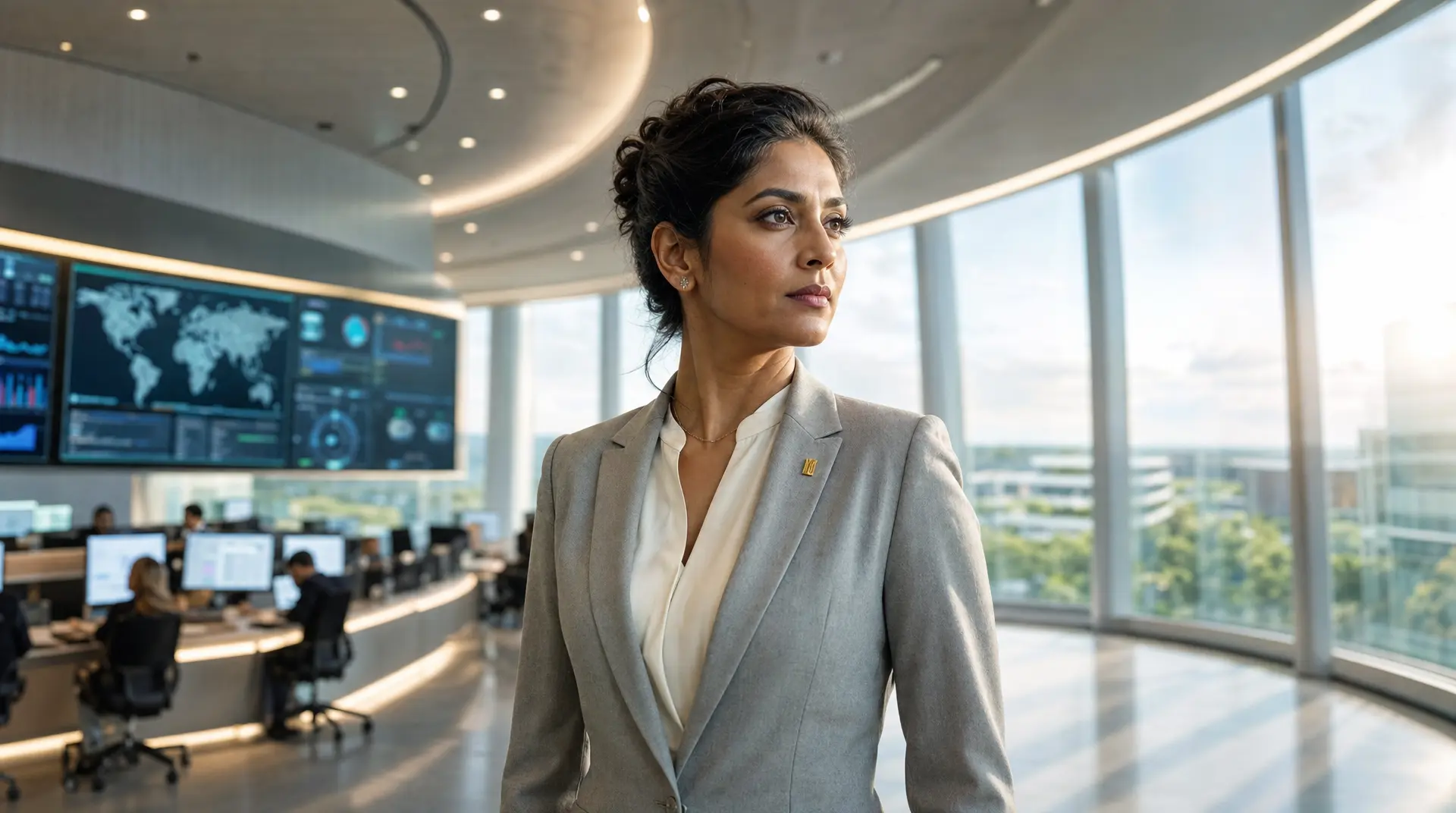 Business leader in a modern operations office reviewing global analytics dashboards, aligned to digital transformation consulting priorities.