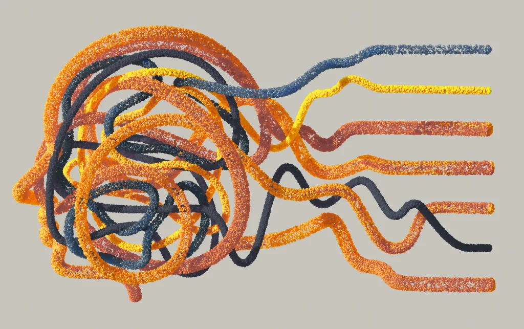 Colorful tangled strands resembling DNA, symbolizing technical debt entangling enterprise modernization efforts.