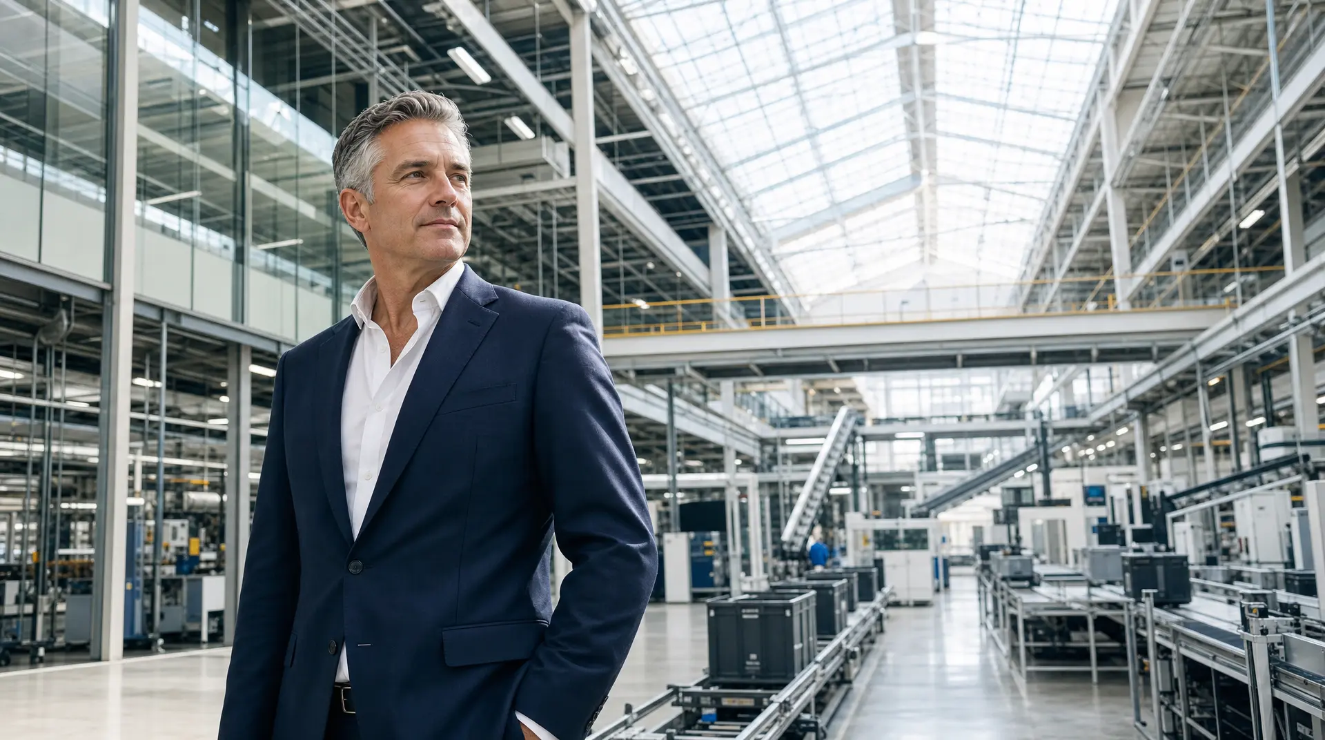 Executive stands in a modern industrial facility, aligning digital transformation consulting and a technology investment roadmap.