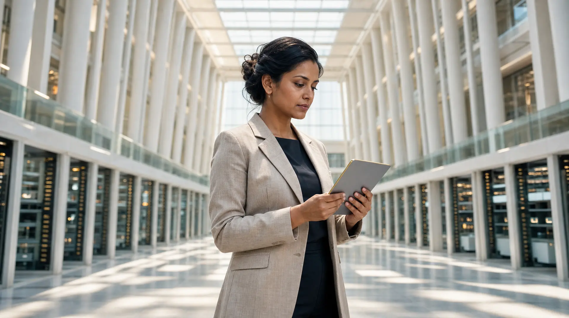 Business leader in a bright office corridor reviews a tablet while considering roi of it investments for smarter technology decisions.