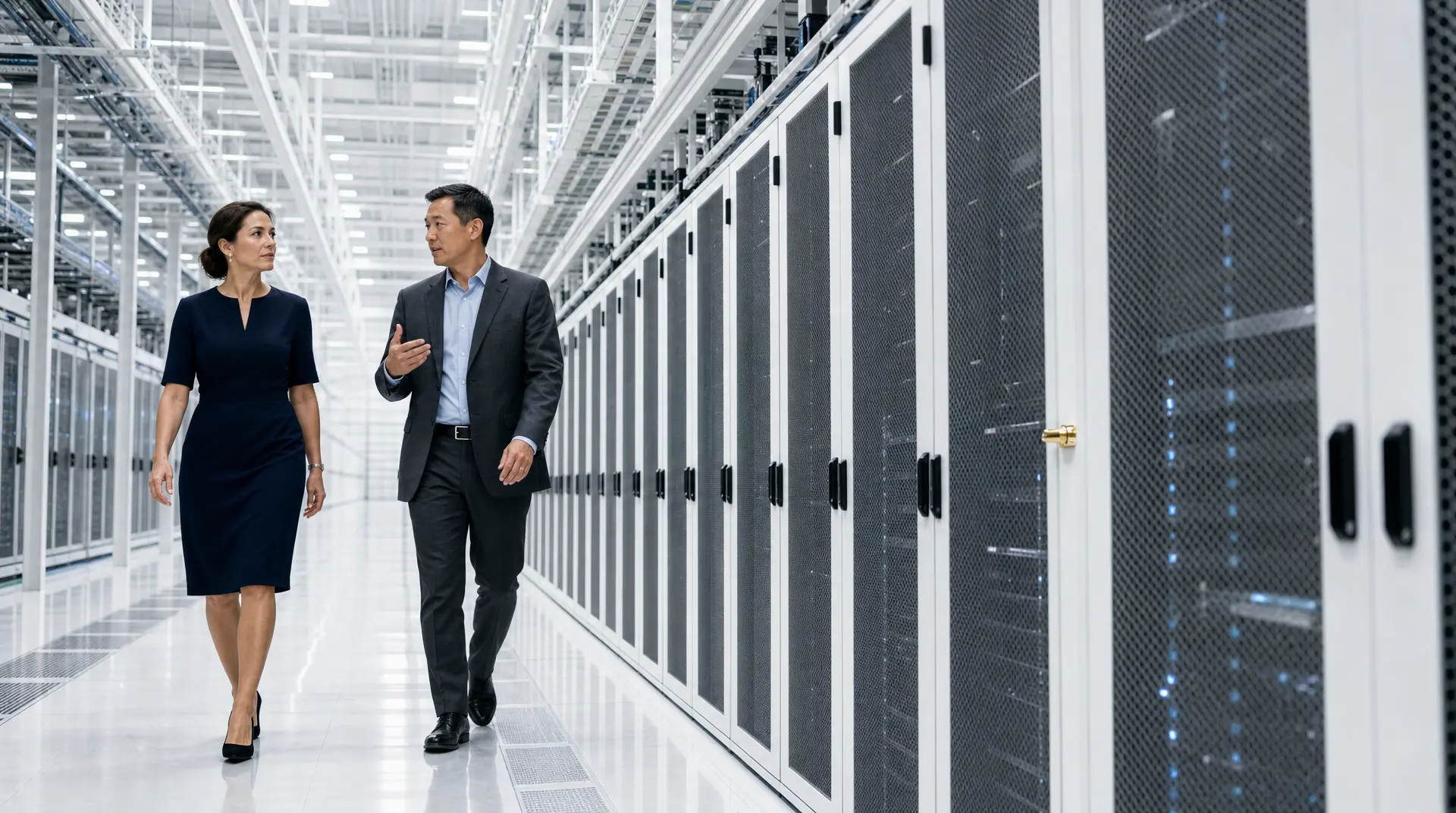 Two executives walk beside server racks in a modern data center, aligning ai for it operations priorities.