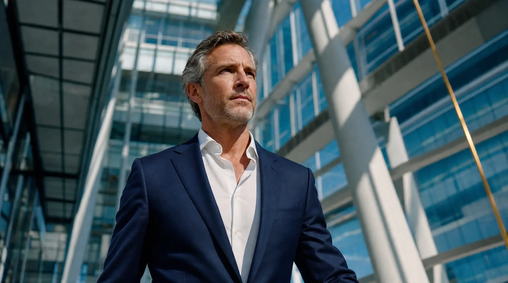Executive in a blue suit walks through a modern office atrium, focused on digital transformation consulting decisions for scaling business impact.