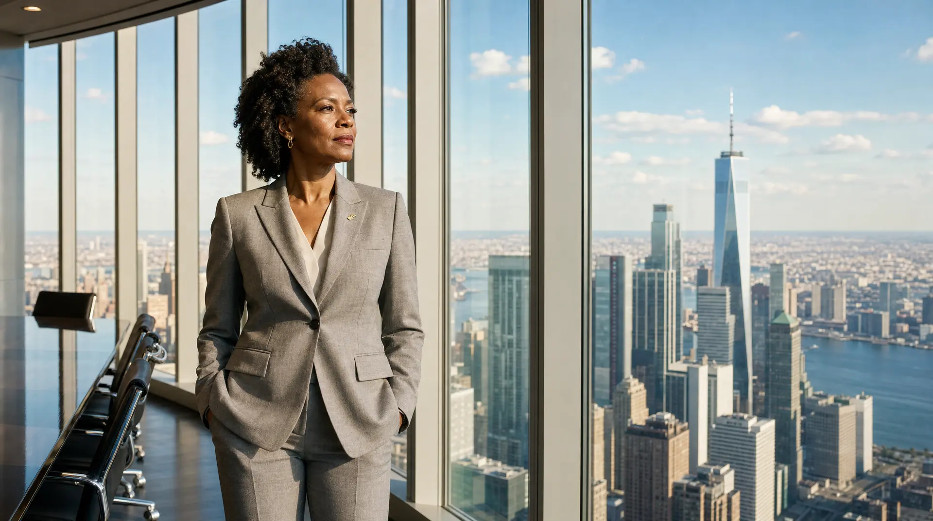 Business leader in a tailored suit stands by large windows overlooking a city skyline, reviewing a technology investment roadmap as a fractional CTO.