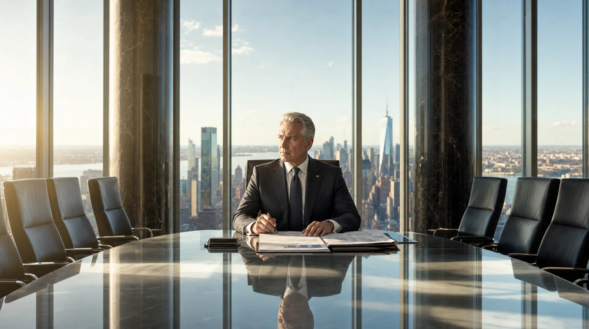 A senior executive in a suit sits at a conference table behind reflective glass, overlooking a city skyline, aligning decisions with financial kpis every cio should track.