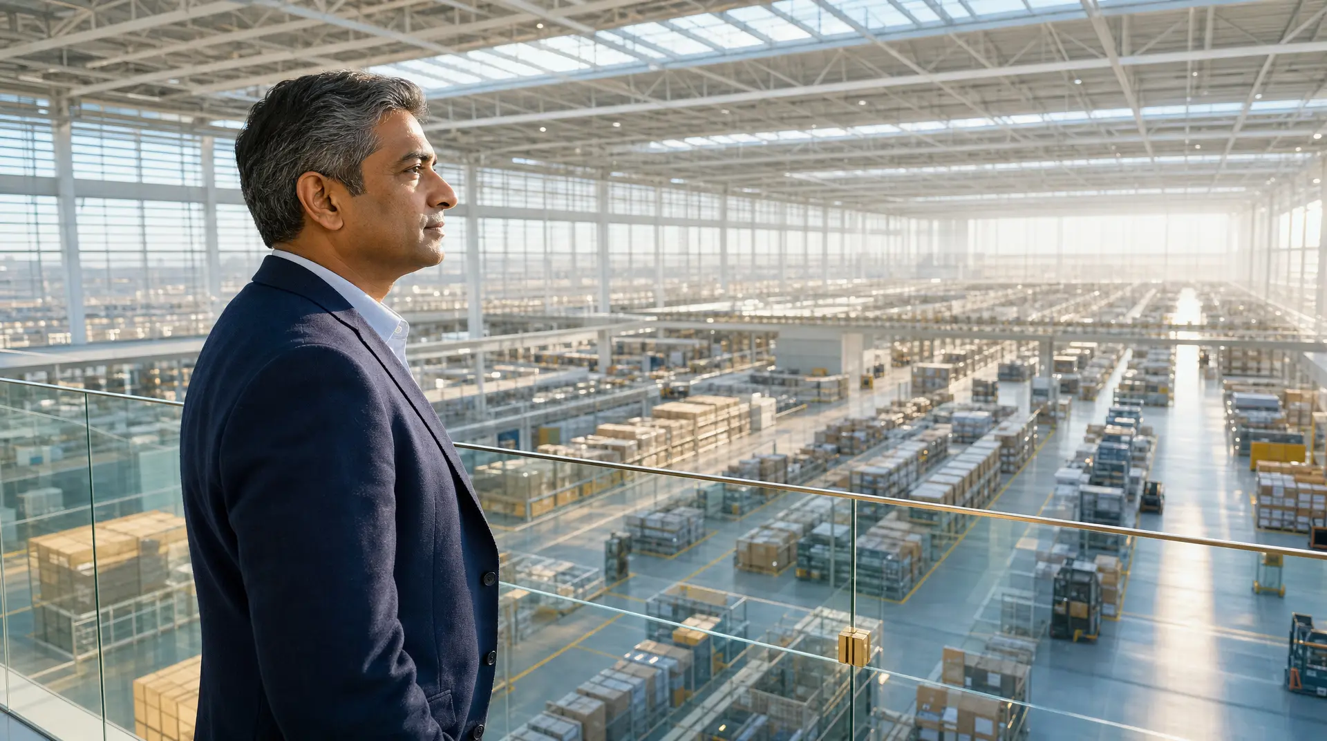 Business leader overlooks a high-bay warehouse from a glass balcony, planning cloud msp support for operations and visibility.
