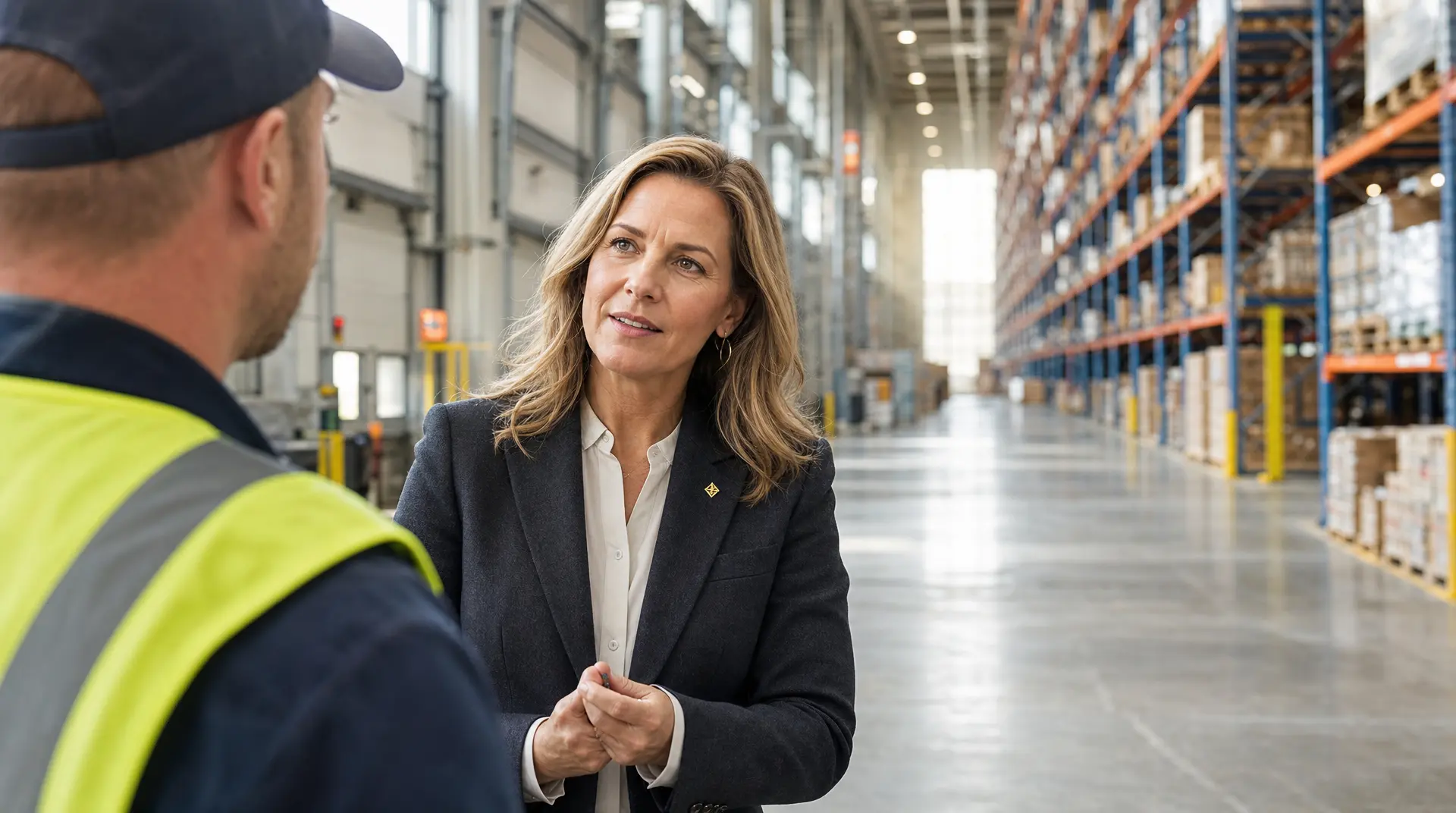 In a warehouse aisle, a woman in a blazer speaks with a worker in a cap and high-visibility vest, discussing cloud msp support and next steps.
