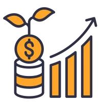 Orange dollar sign in a briefcase with an upward arrow and bar chart marks business growth in navy blue and orange tones. The Narrative Group.