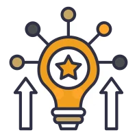 Orange circular IT innovation icon with a central star, connected node points, and a dark background, representing connectivity and guidance. The Narrative Group.