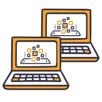 Two orange outlined laptops in a vector style showing connected yellow and dark square icons on their screens The Narrative Group.