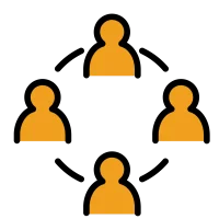 Four orange silhouettes of people arranged in a network pattern on a black background. The Narrative Group.
